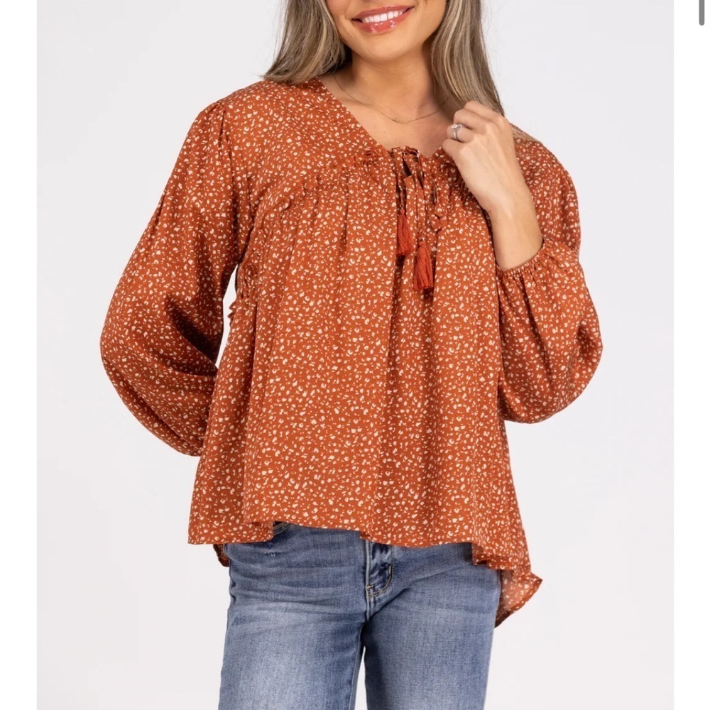 Hayden Orange Bishop Sleeve Blouse with Tie Front - Picture 2 of 14